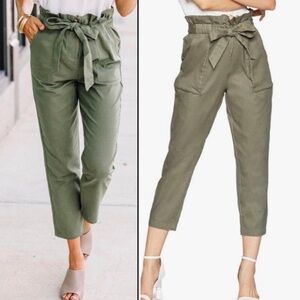 BCBGeneration Olive Twill Cotton Paperbag High Waist Pants